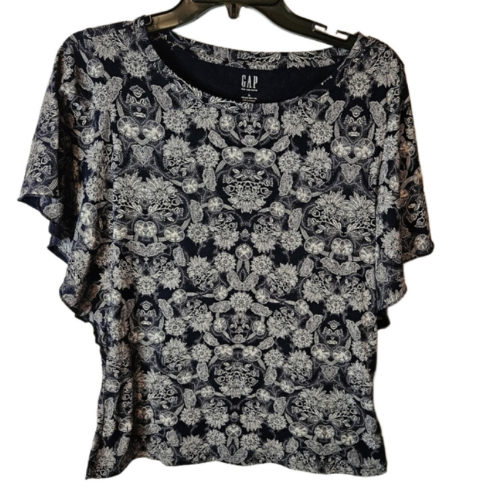 GAP Women's Size Small Short Sleeve Floral Top Navy Blue Cotton GUC